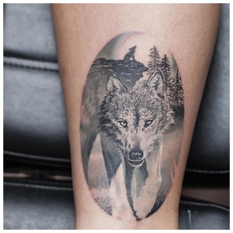 Tatouages de loup sur un veau d’homme